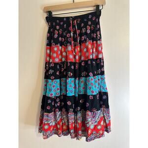 Vintage 90s Carole Little Womens Boho Artsy Patchwork Black Stretch Skirt Size 4